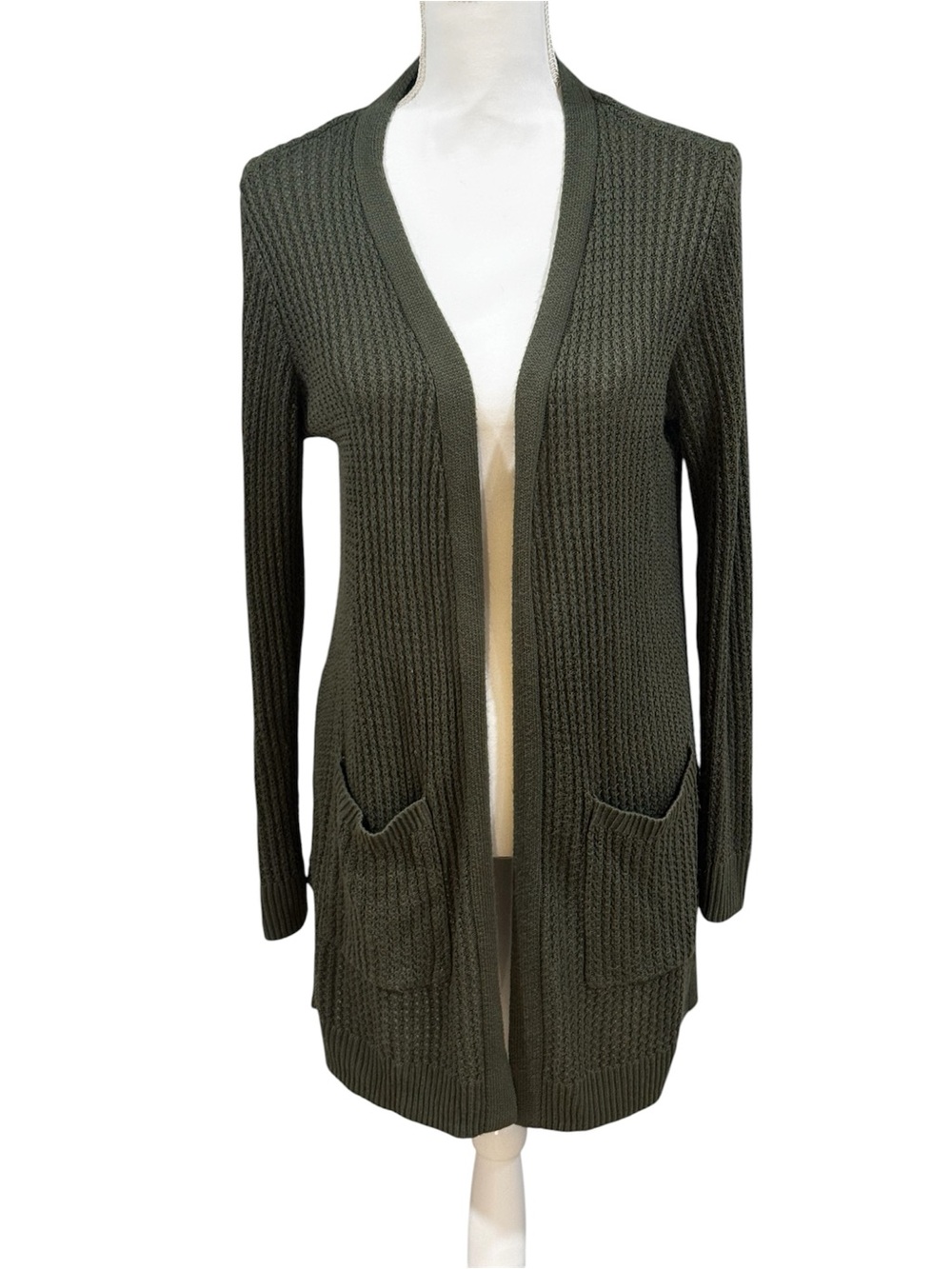 Market & Spruce olive green open-front cardigan sweater, cable knit, pockets, L.